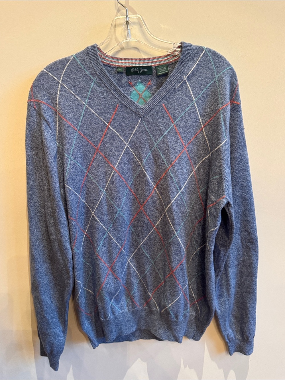 Bobby Jones Men's Blue Argyle V-Neck Sweater